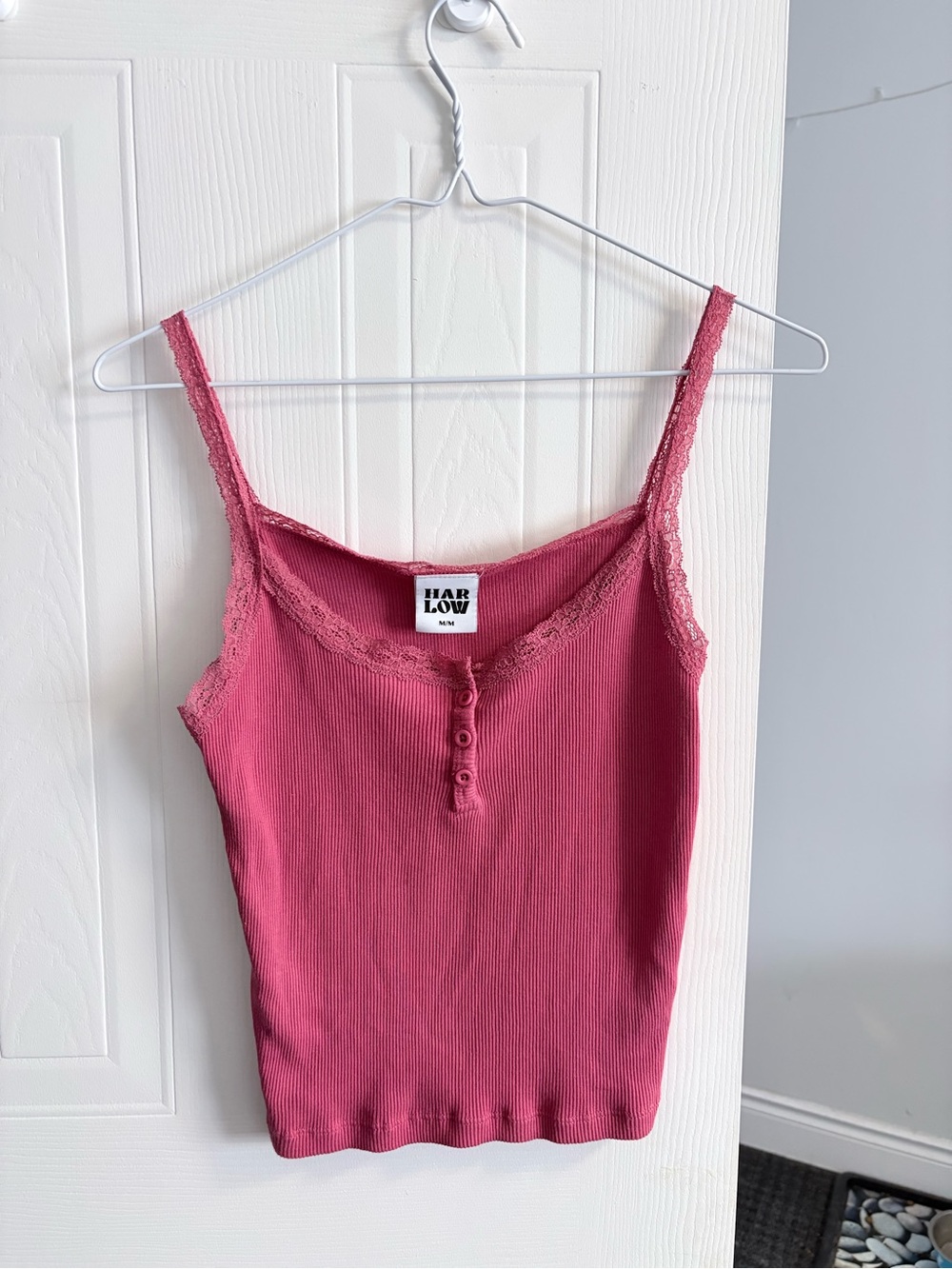 Harlow Ribbed Lace-Trim Cami in Rose Pink